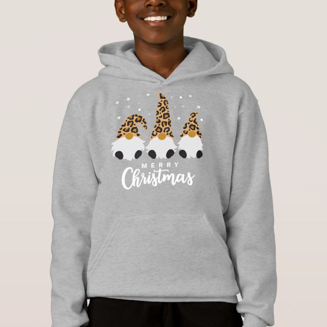 Three Gnomes With Leopard Plaid Gnome Christmas Hoodie (Front)
