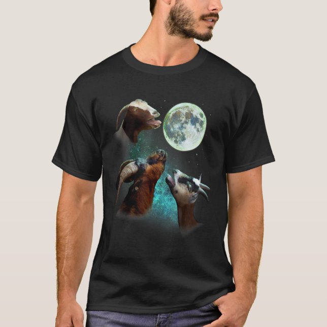 Three Goats Howl At Moon 3 Wolfs Wolves Funny Paro T-Shirt (Front)