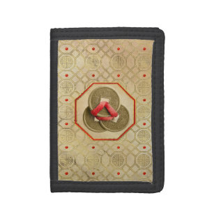 Three Gold Chinese Coins with red ribbon Feng shui Tri-fold Wallet