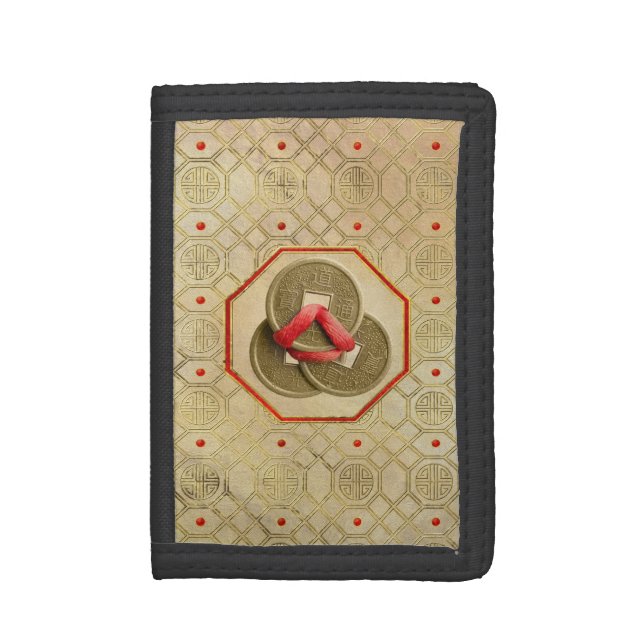 Three Gold Chinese Coins with red ribbon Feng shui Tri-fold Wallet (Front Vertical)