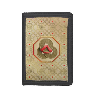 Three Gold Chinese Coins with red ribbon Feng shui Trifold Wallet
