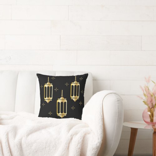 Three gold Lanterns Surrounded with Stars  Throw Pillow