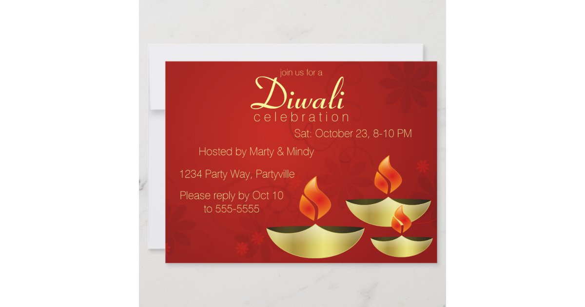 Three Golden Deepas on Red Invitation | Zazzle