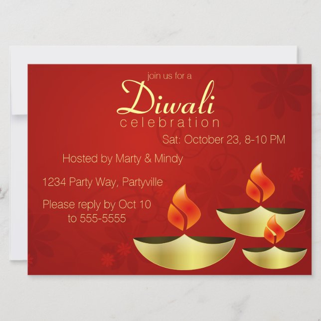 Three Golden Deepas on Red Invitation (Front)