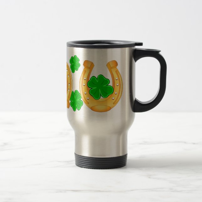 Three Golden Horseshoes Seven Lucky Shamrocks Travel Mug (Right)