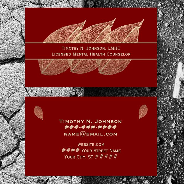 Three Golden Leaves on Maroon Counselor Therapist Business Card (Creator Uploaded)