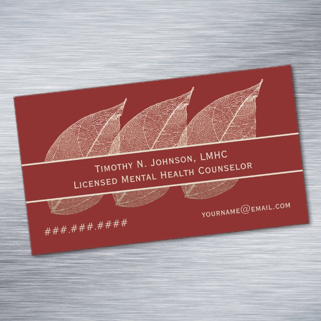 Three Golden Leaves on Maroon Counselor Therapist Business Card Magnet (Creator Uploaded)