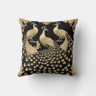 Three golden peacocks throw pillow
