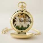 Three Golden Retriever puppies pocket watch<br><div class="desc">This design features a Three Golden Retriever puppies on the green grass in front of a fence .Click the Customize It button to add your own text or images to create a unique one of a kind design! Get creative.The possibilities are endless!</div>