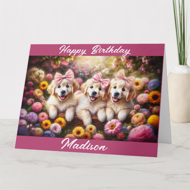 Three Golden Retriever Puppies with Flowers Card (Front)