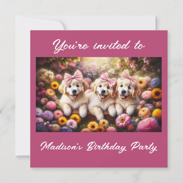 Three Golden Retriever Puppies with Flowers Invitation (Front)