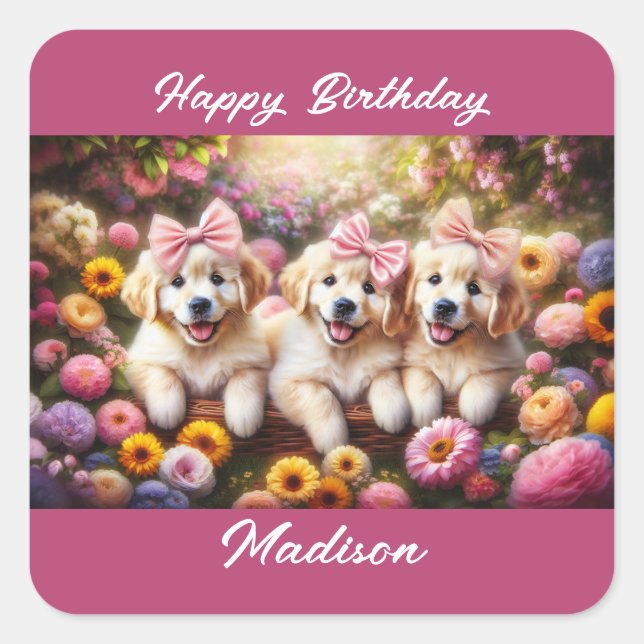 Three Golden Retriever Puppies with Flowers Square Sticker (Front)