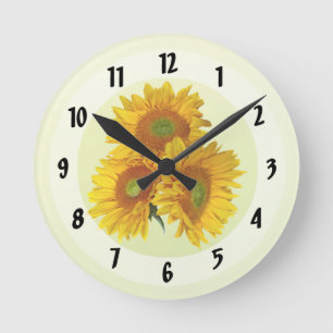 Three Golden Sunflowers Round Clock