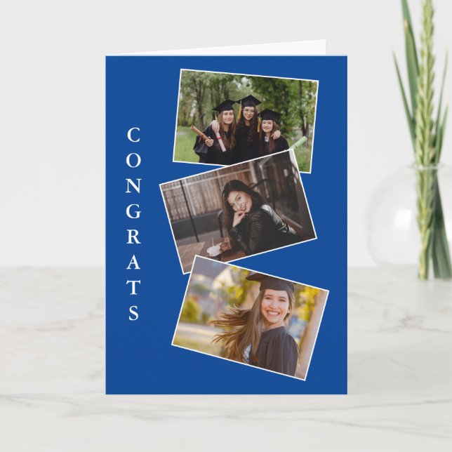 Three graduation photo congratulations blue card (Front)