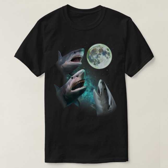 Three Great White Sharks Howl at Moon 3 Wolfs Funn T-Shirt (Design Front)