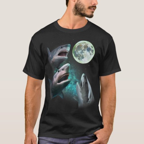 Three Great White Sharks Howl at Moon 3 Wolfs Funn T_Shirt