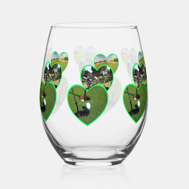 Three Green Golf Hearts Design, Stemless Wine Glass (Front)