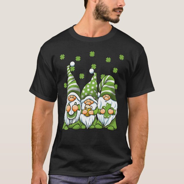 Three Green Irish Gnomes Shamrock Clover St Patric T-Shirt (Front)
