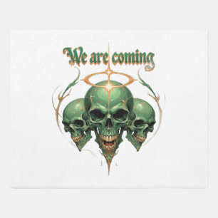 Three Green Skulls with Golden Halo and Fierce Exp Outdoor Rug