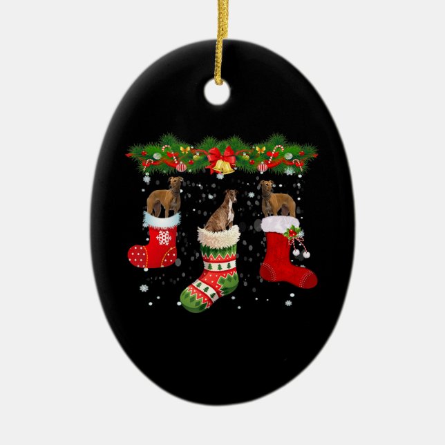 Three Greyhound Dog In Sock Christmas Santa Ceramic Ornament (Front)