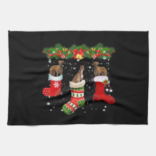 Three Greyhound Dog In Sock Christmas Santa Kitchen Towel