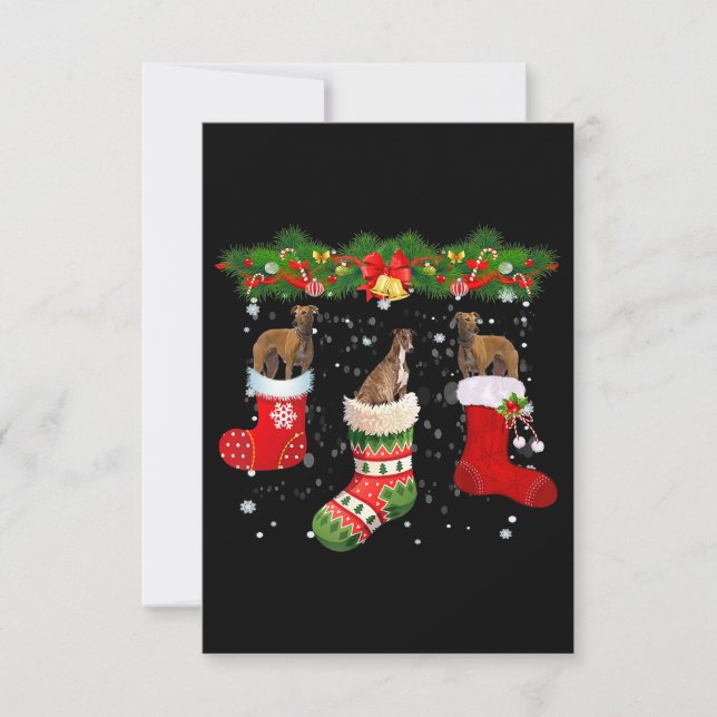 Three Greyhound Dog In Sock Christmas Santa Thank You Card (Front)