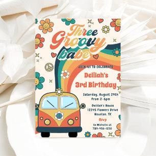 Three Groovy Babe Retro Floral 3rd Birthday Party Invitation