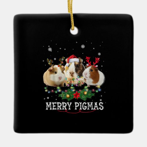 Three Guinea Pig Christmas Lights Santa Hat Ceramic Ornament