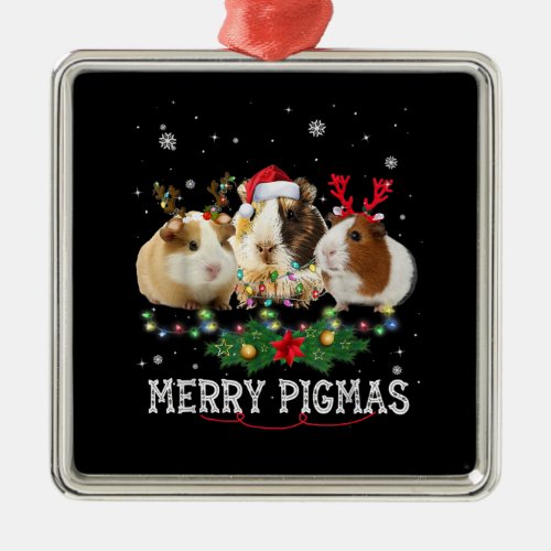 Three Guinea Pig Christmas Lights Santa Hat Metal Ornament