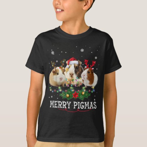 Three Guinea Pig Christmas Lights Santa Hat T_Shirt