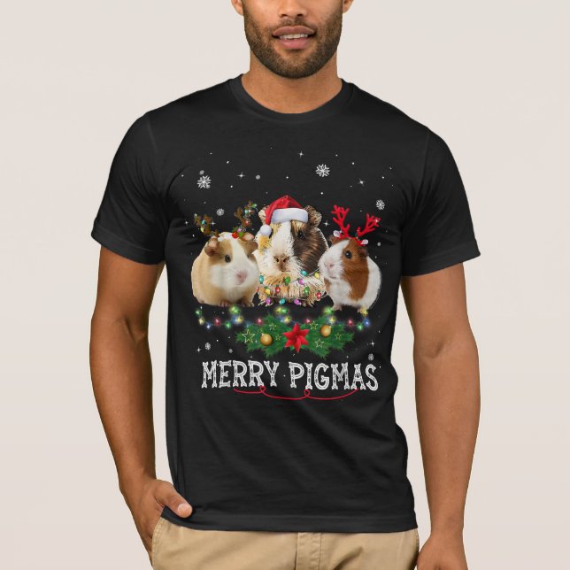 Three Guinea Pig Christmas Lights Santa Hat T-Shirt (Front)