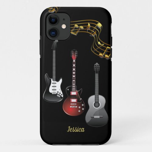 Three Guitars and Music Notes Name iPhone 11 Case