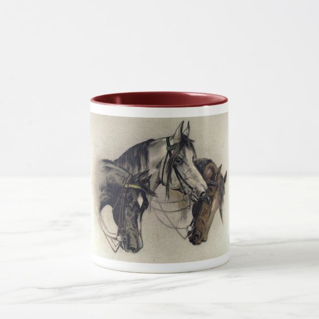 Three Hand Drawn Horse Heads Vintage Mug (Center)