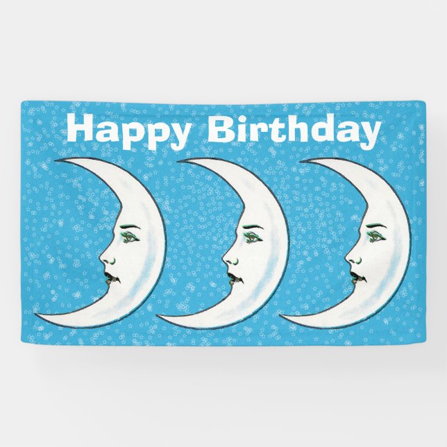 Three Happy Birthday White Crescent Moon Faces Banner (Horizontal)