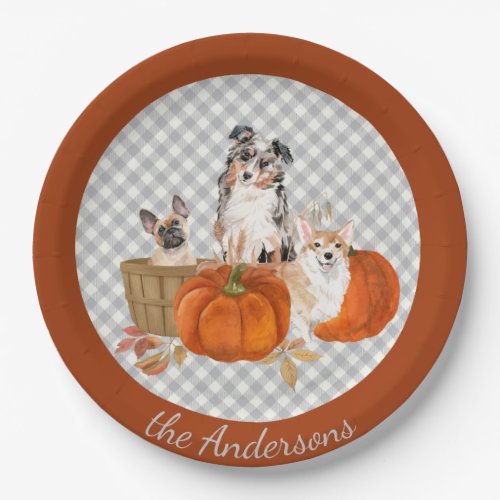 Three Happy Dogs with Pumpkins on Gray Check Paper Plates