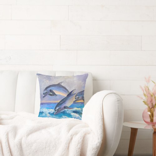 Three Happy Dolphins Jumping Art Throw Pillow