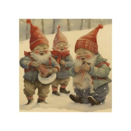Three Happy Gnomes Dancing and Singing  Wood Wall Art