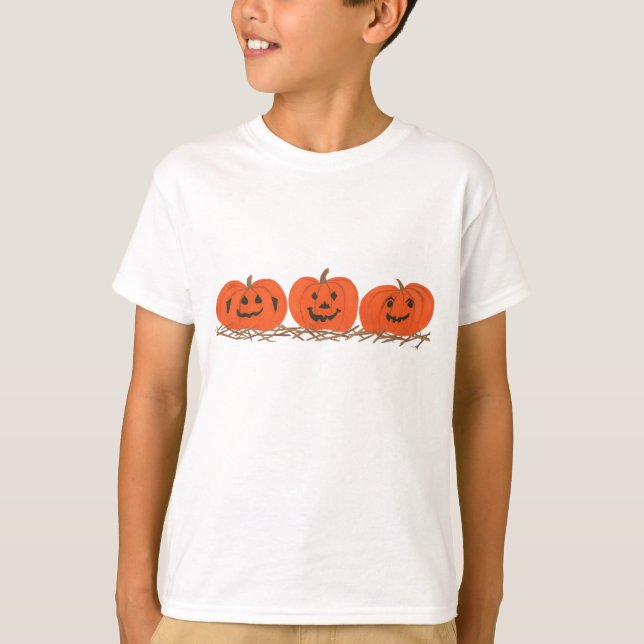 Three Happy Halloween Pumpkins Sitting in Straw T-Shirt (Front)
