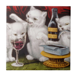 Three Happy Kittens at the Feast Ceramic Tile