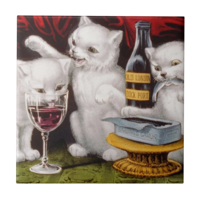 Three Happy Kittens at the Feast Ceramic Tile (Front)