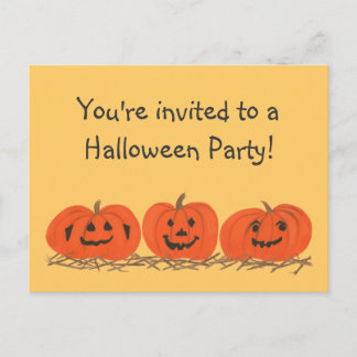 Three happy pumpkins Halloween party postcards