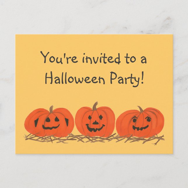 Three happy pumpkins Halloween party postcards (Front)