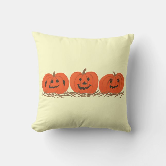 Three Happy Pumpkins in Hay Halloween Pillow (Front)