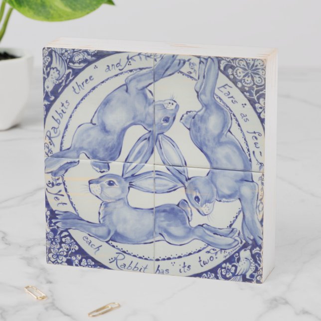 Three Hares Blue & White Rabbits Delft Tile Art Wooden Box Sign (In Situ Horizontal)