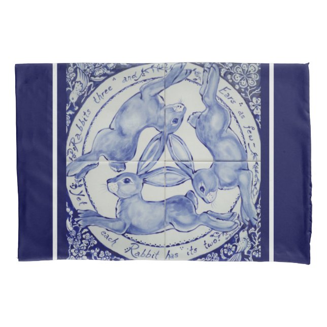 Three Hares Rabbit Blue & White Medallion Bird Pillow Case (Front)