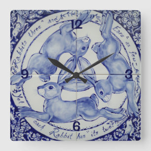 Three Hares Rabbit Blue & White Medallion Bird Square Wall Clock