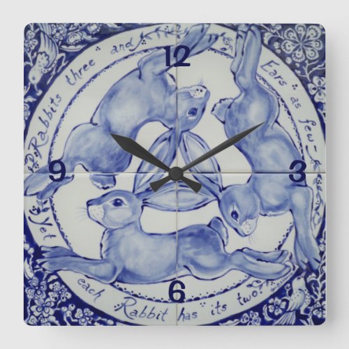 Three Hares Rabbit Blue  White Medallion Bird Square Wall Clock