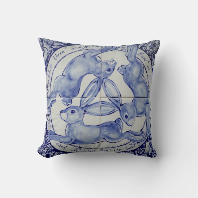 Three Hares Rabbit Blue & White Medallion Bird Throw Pillow (Front)