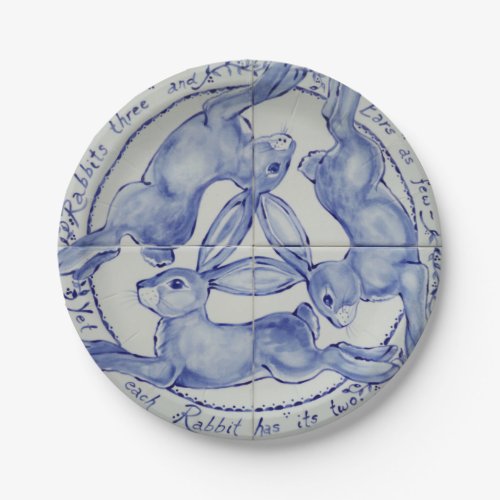 Three Hares Rabbit Blue  White Medallion Tiled Paper Plates