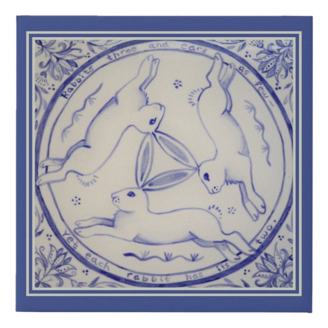 Three Hares Rabbits Blue & White Classic Folk Art Faux Canvas Print (Front)